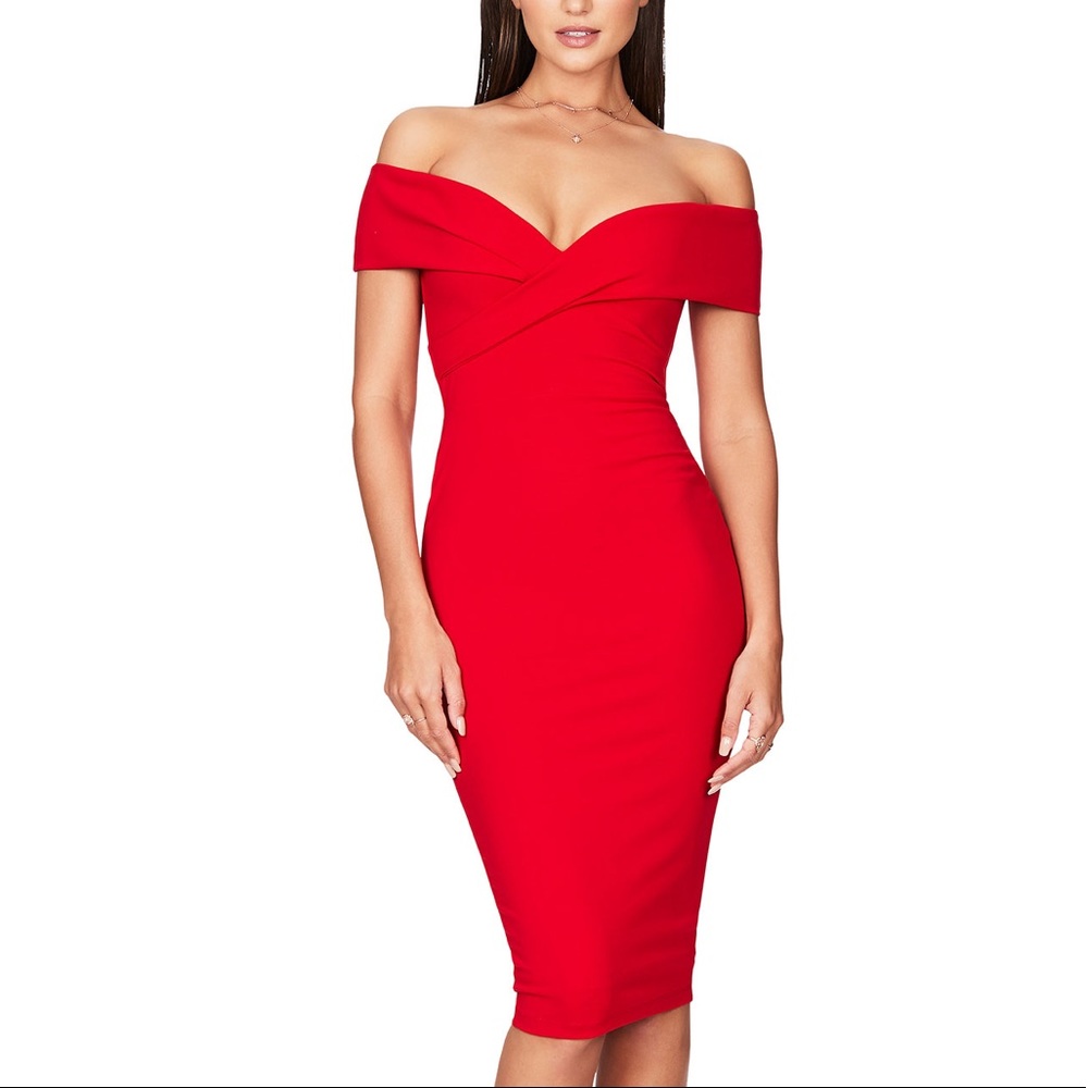 Nookie NEPTUNE OFF SHOULDER MIDI in Red